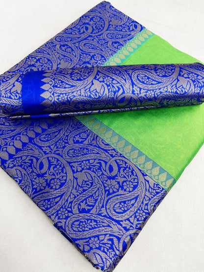 Neon green soft lichi silk jacquard weaving work saree