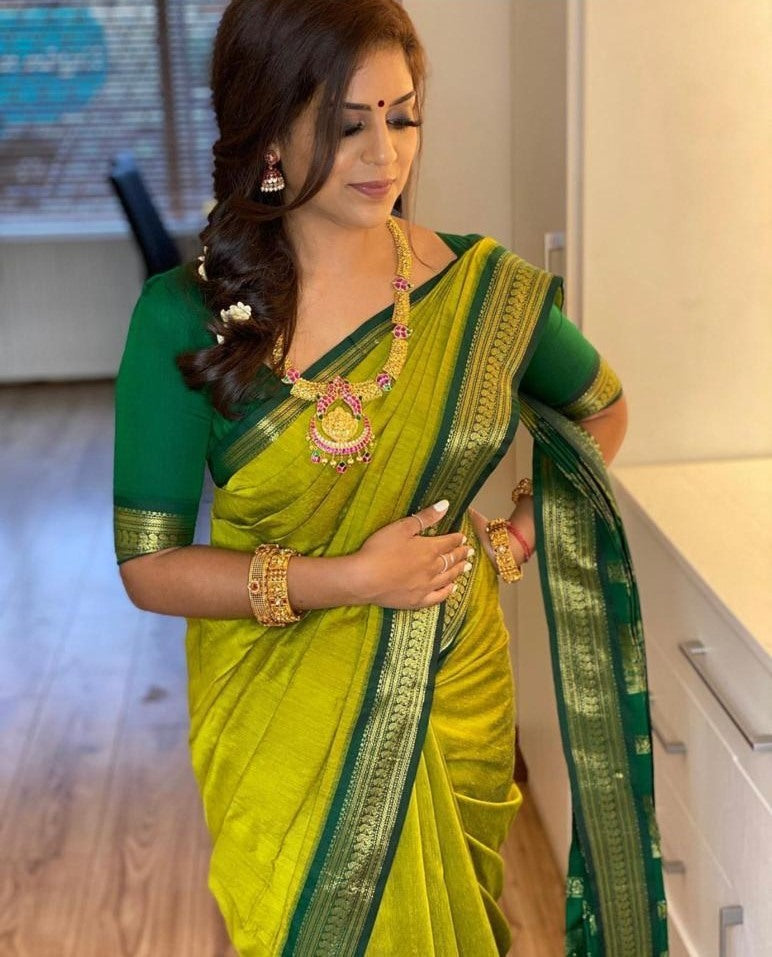 Neon green soft lichi silk jacquard weaving work wedding saree