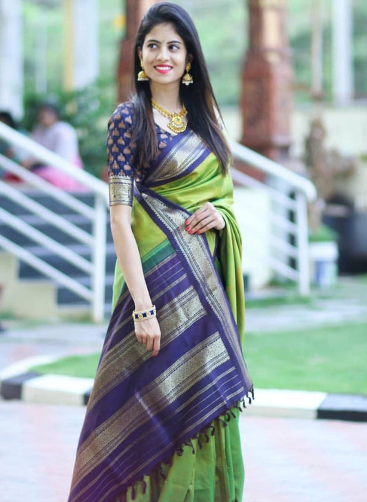 Neon green soft lichi silk jacquard weaving work wedding saree