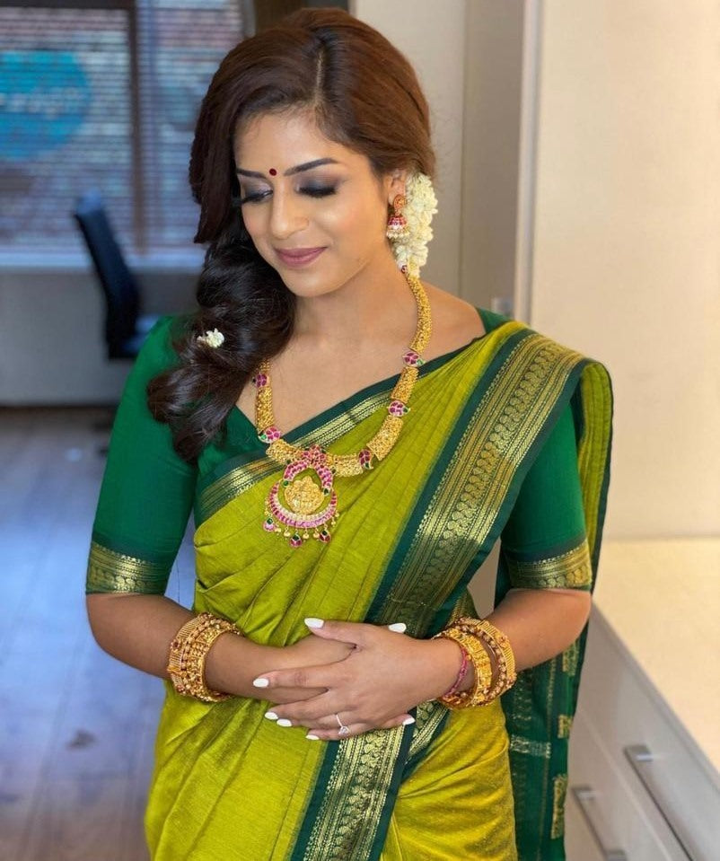 Neon green soft lichi silk jacquard weaving work wedding saree