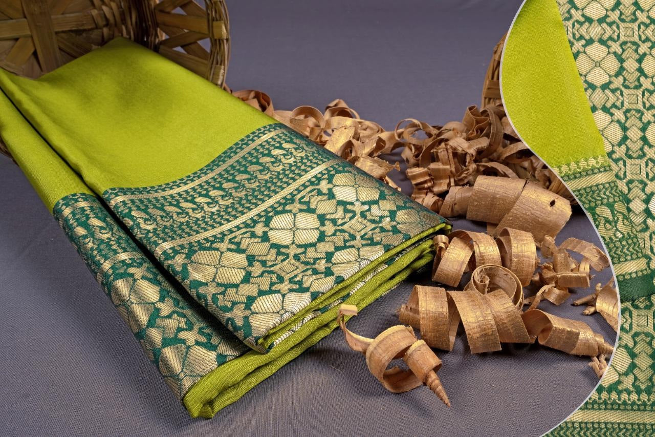 Neon green soft lichi silk jacquard weaving work wedding saree