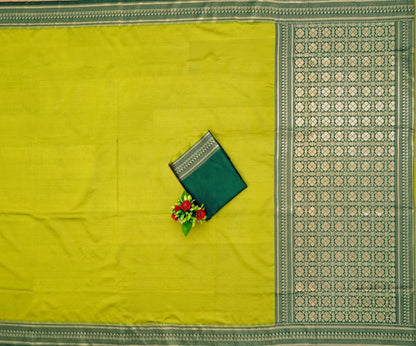 Neon green soft lichi silk jacquard weaving work wedding saree