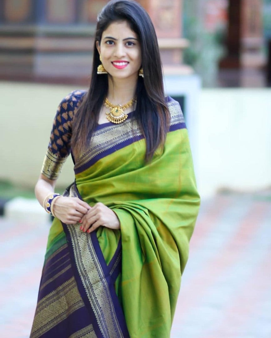 Neon green soft lichi silk jacquard weaving work wedding saree