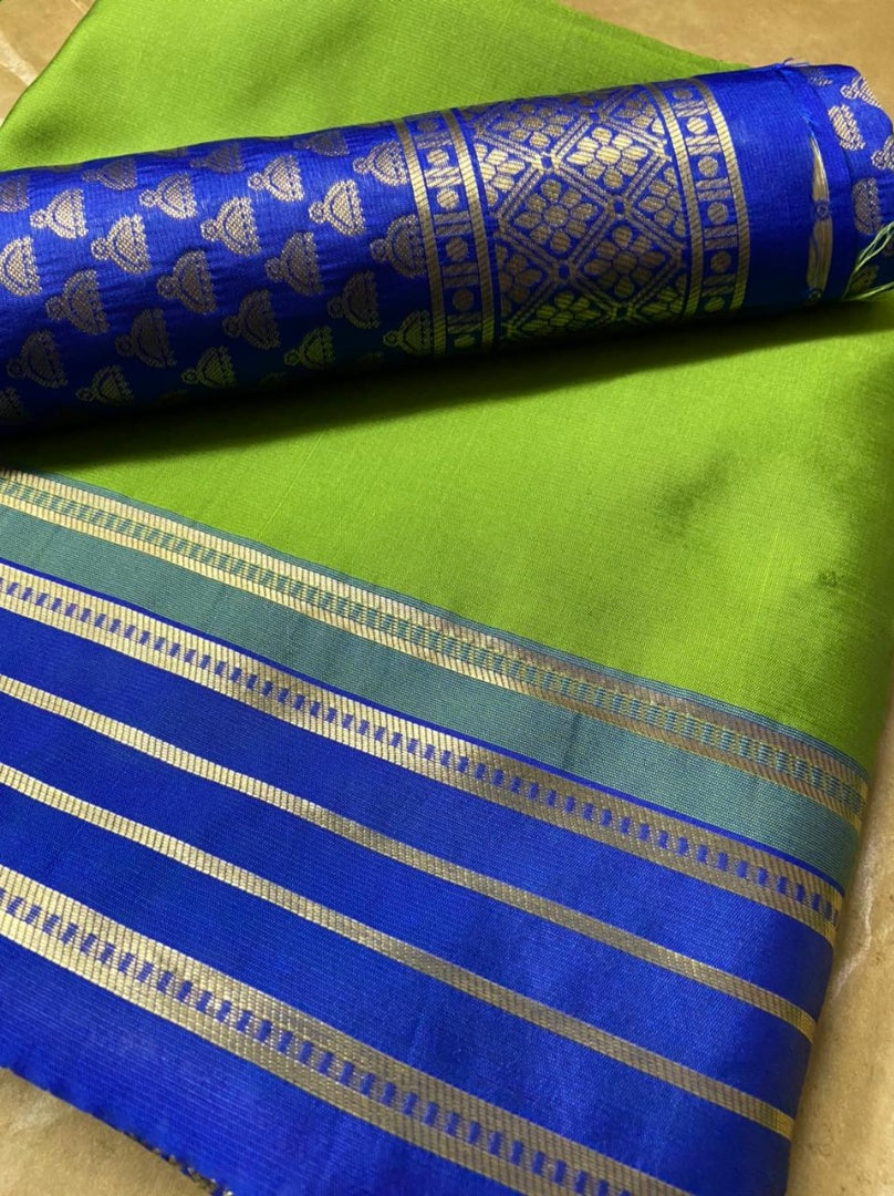 Neon green soft lichi silk jacquard weaving work wedding saree