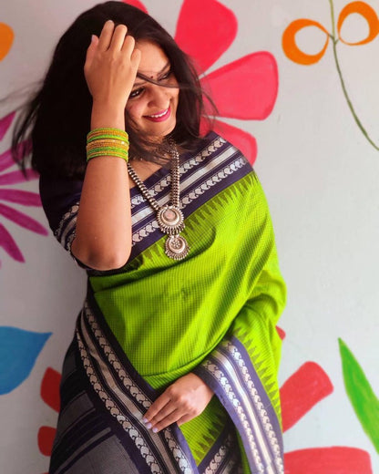 Neon green soft lichi silk silver zari jacquard weaving work saree