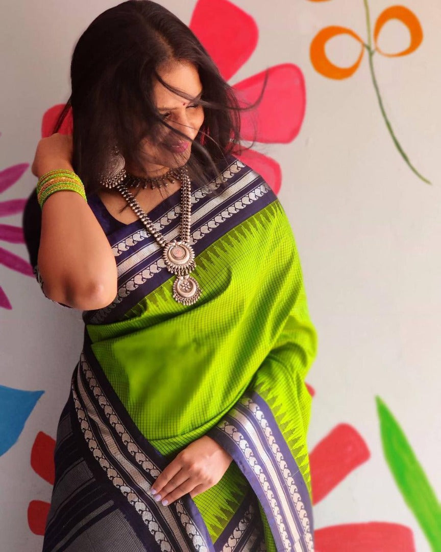 Neon green soft lichi silk silver zari jacquard weaving work saree