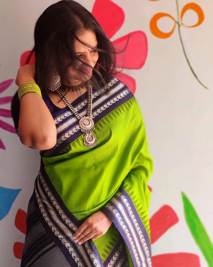 Neon green soft lichi silk silver zari jacquard weaving work saree