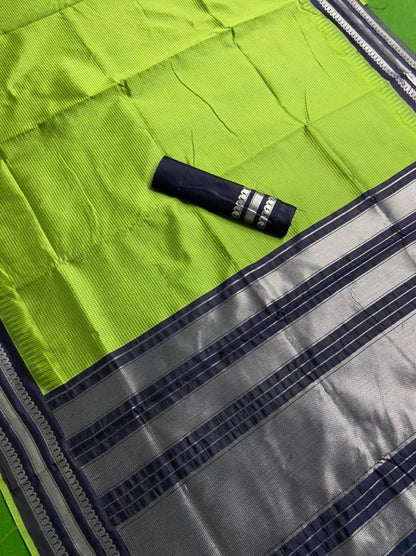 Neon green soft lichi silk silver zari jacquard weaving work saree