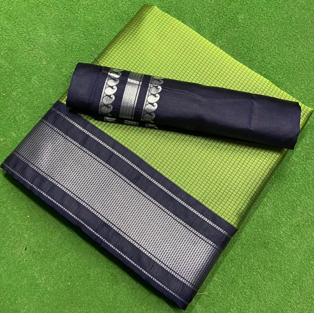 Neon green soft lichi silk silver zari jacquard weaving work saree