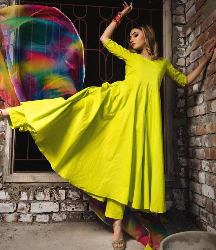 Neon green taffeta silk anarkali gown with salwar