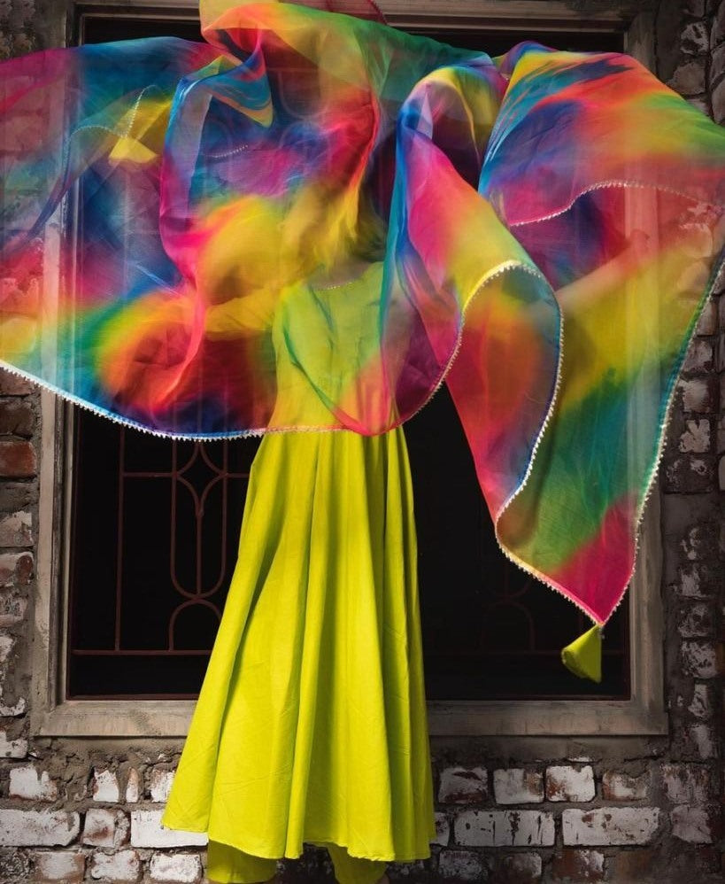 Neon green taffeta silk anarkali gown with salwar