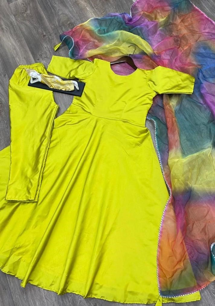 Neon green taffeta silk anarkali gown with salwar