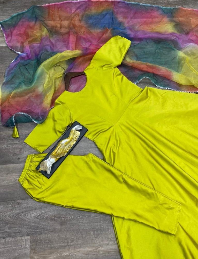 Neon green taffeta silk anarkali gown with salwar