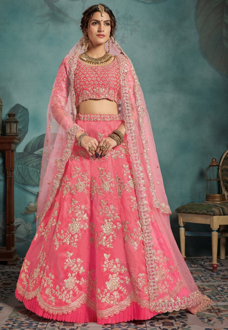 Neon pink art silk designer bridal lehenga choli