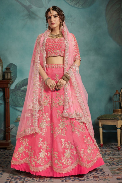 Neon pink art silk designer bridal lehenga choli
