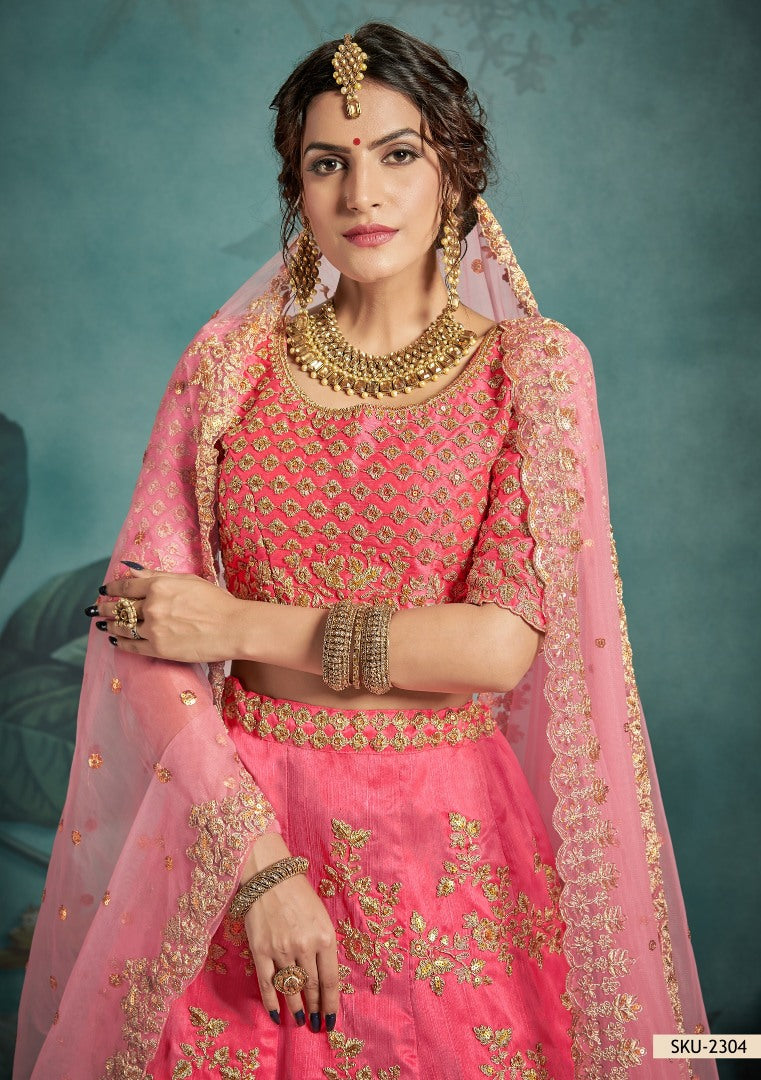 Neon pink art silk designer bridal lehenga choli
