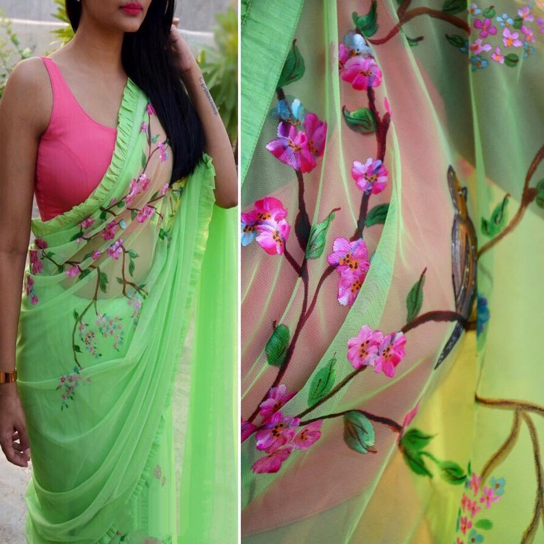 Neon pista green georgette digital floral printed casual saree