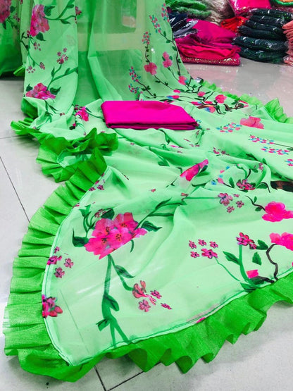 Neon pista green georgette digital floral printed casual saree