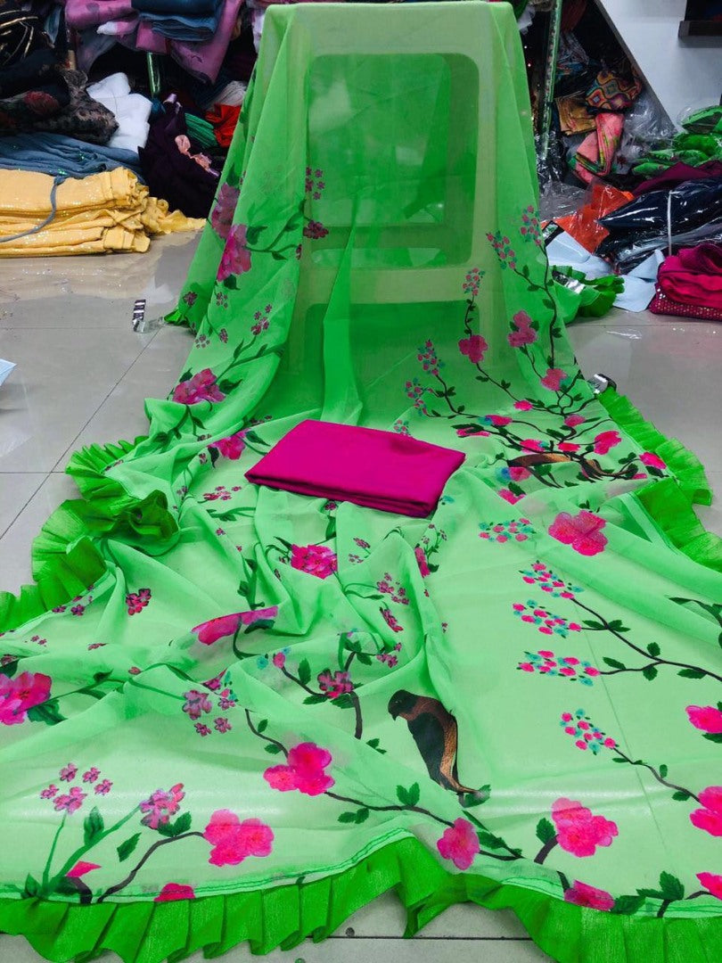 Neon pista green georgette digital floral printed casual saree