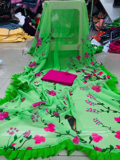 Neon pista green georgette digital floral printed casual saree