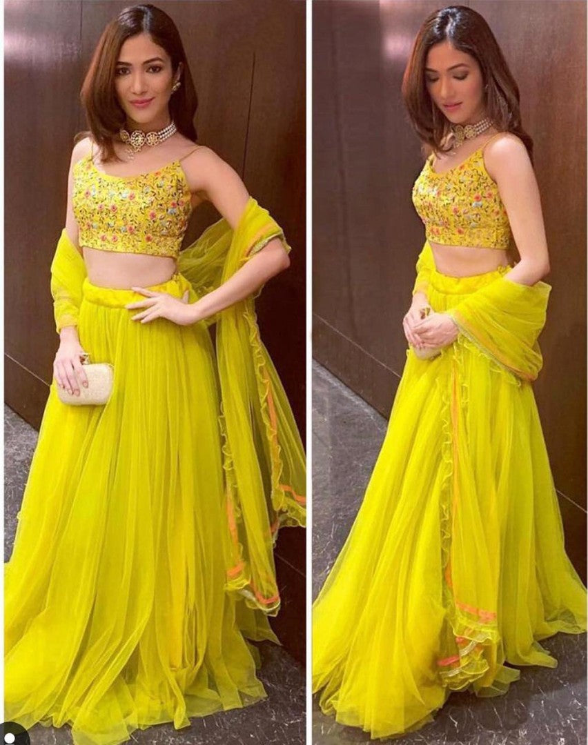 neon yellow net partywear lehenga