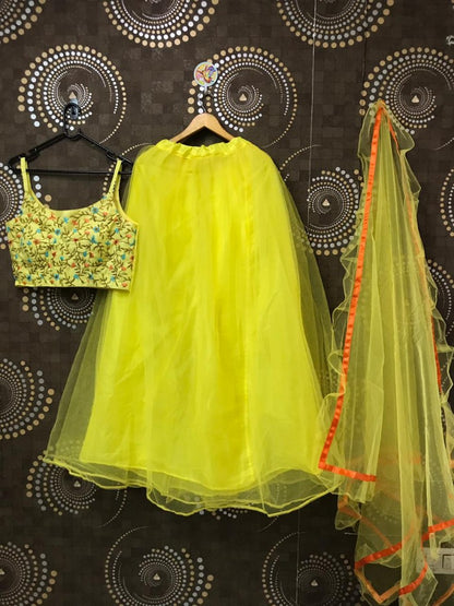 neon yellow net partywear lehenga