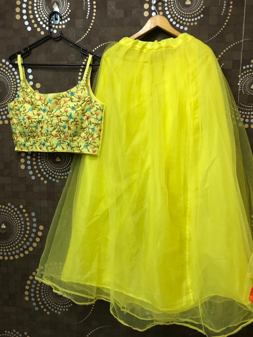 neon yellow net partywear lehenga