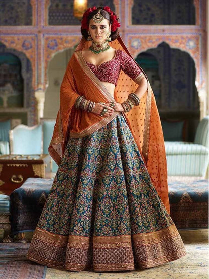 ocean blue banarasi silk designer heavy embroidered bridal wedding lehenga