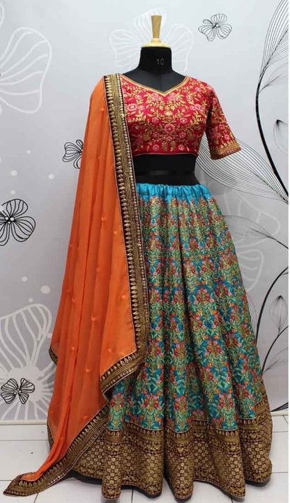 ocean blue banarasi silk designer heavy embroidered bridal wedding lehenga