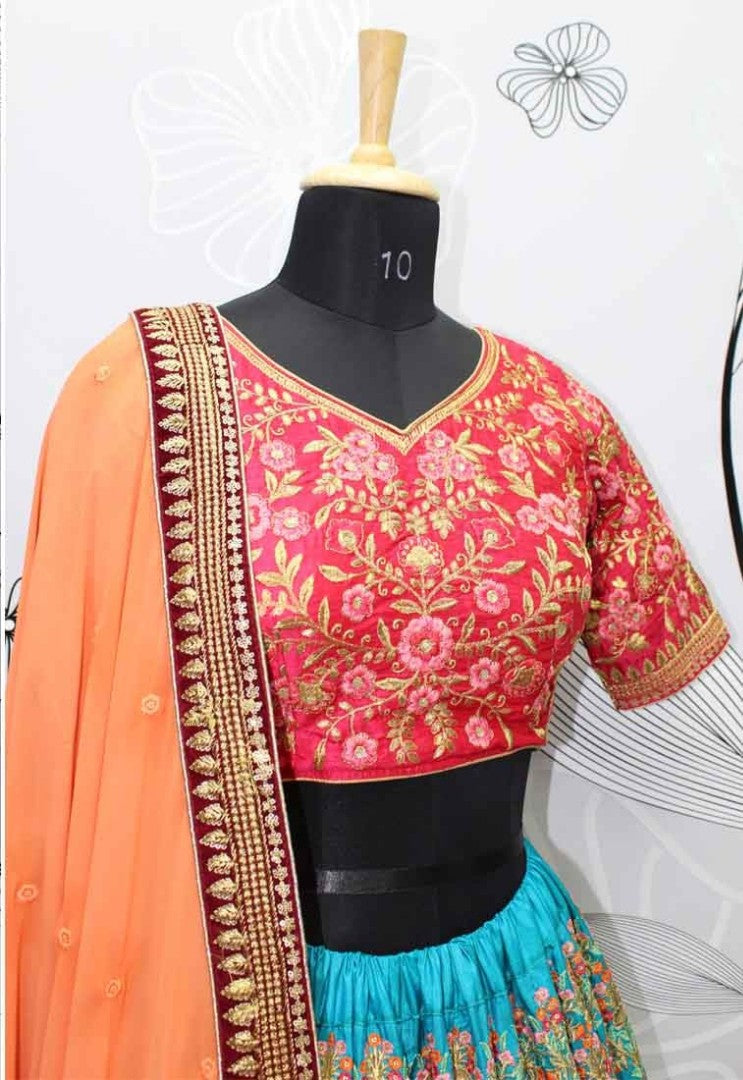 ocean blue banarasi silk designer heavy embroidered bridal wedding lehenga