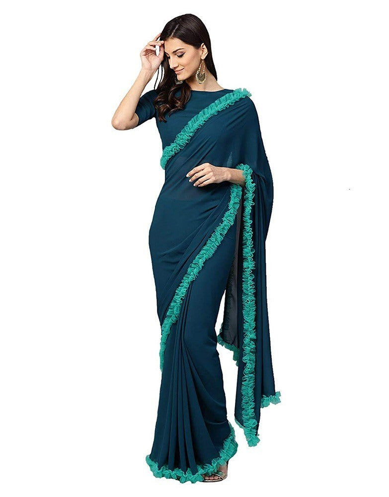 ocean blue georgette designer ruffle saree