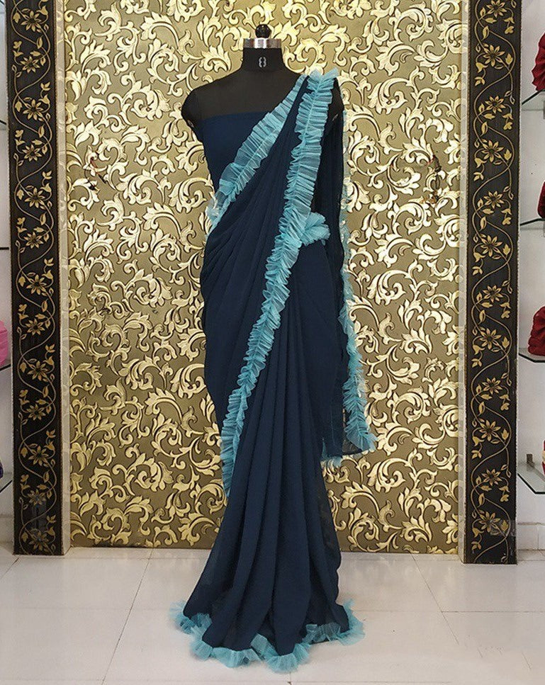 ocean blue georgette designer ruffle saree