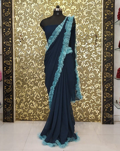 ocean blue georgette designer ruffle saree