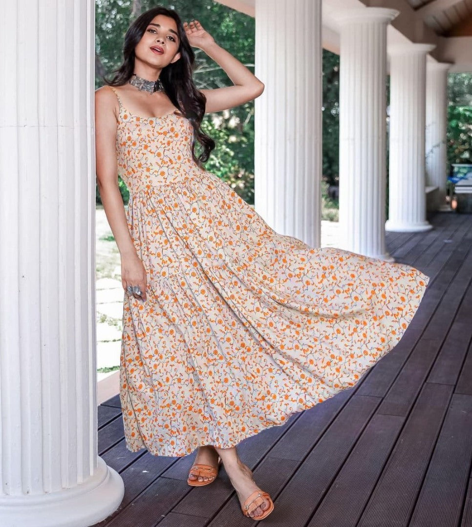 Off white american crepe silk digital print gown