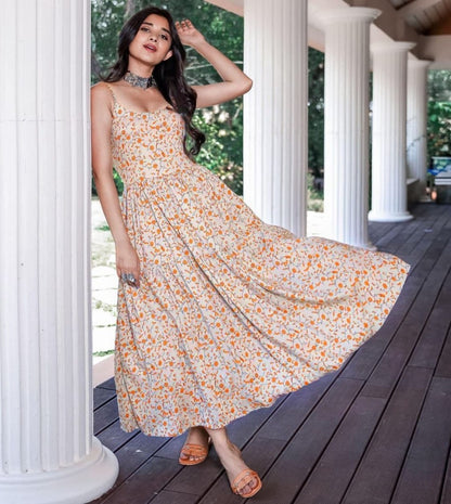 Off white american crepe silk digital print gown