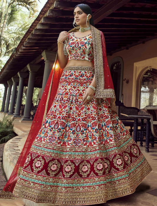 Off white art silk sequence and zari work bridal lehenga choli