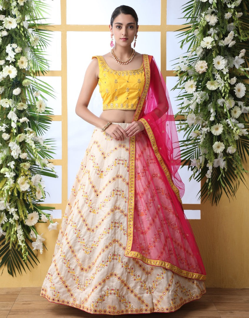 Off white art silk sequence thread embroidered bridal lehenga choli