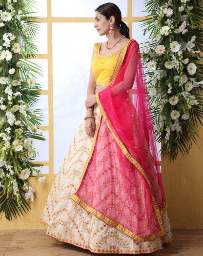 Off white art silk sequence thread embroidered bridal lehenga choli