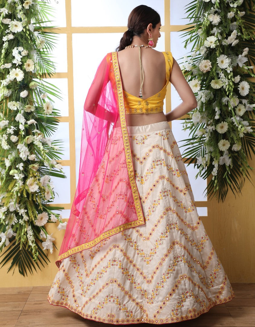 Off white art silk sequence thread embroidered bridal lehenga choli