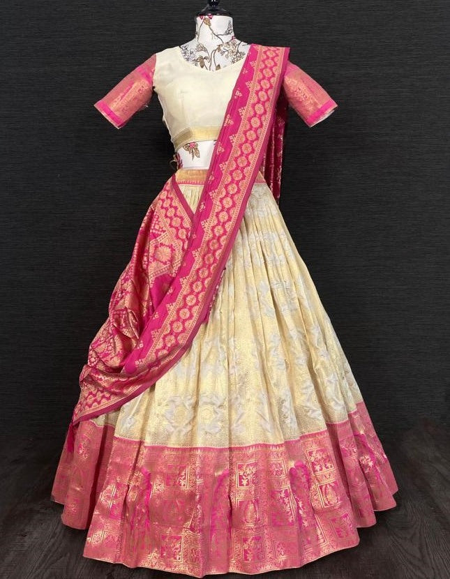 Off white banarasi silk jacquard weaving work ceremonial lehenga choli