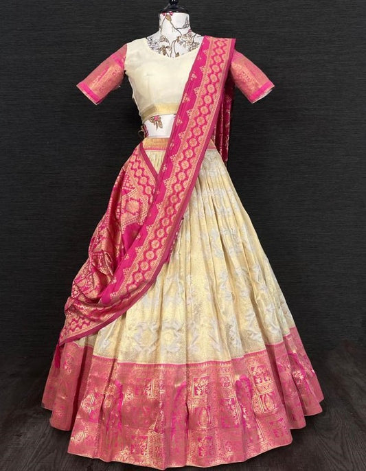 Off white banarasi silk jacquard weaving work ceremonial lehenga choli