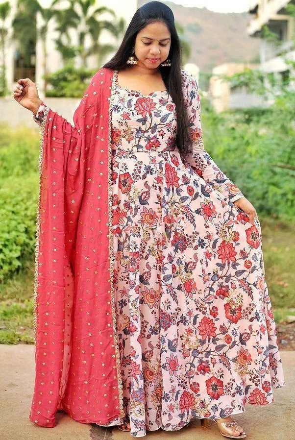 Off white butter silk floral printed umbrella flair gown