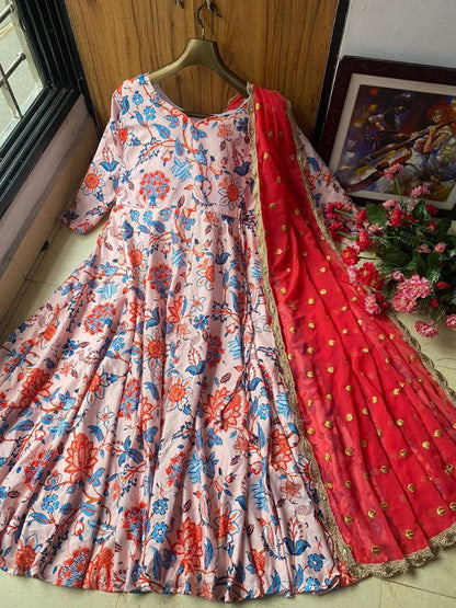 Off white butter silk floral printed umbrella flair gown