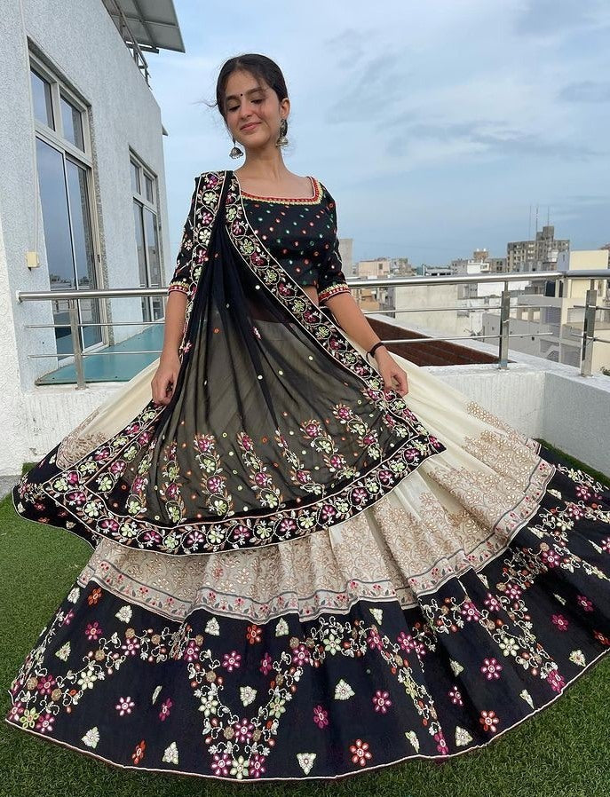 Off white butter silk printed and mirror work lehenga choli