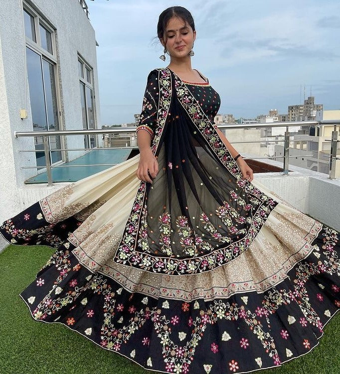 Off white butter silk printed and mirror work lehenga choli