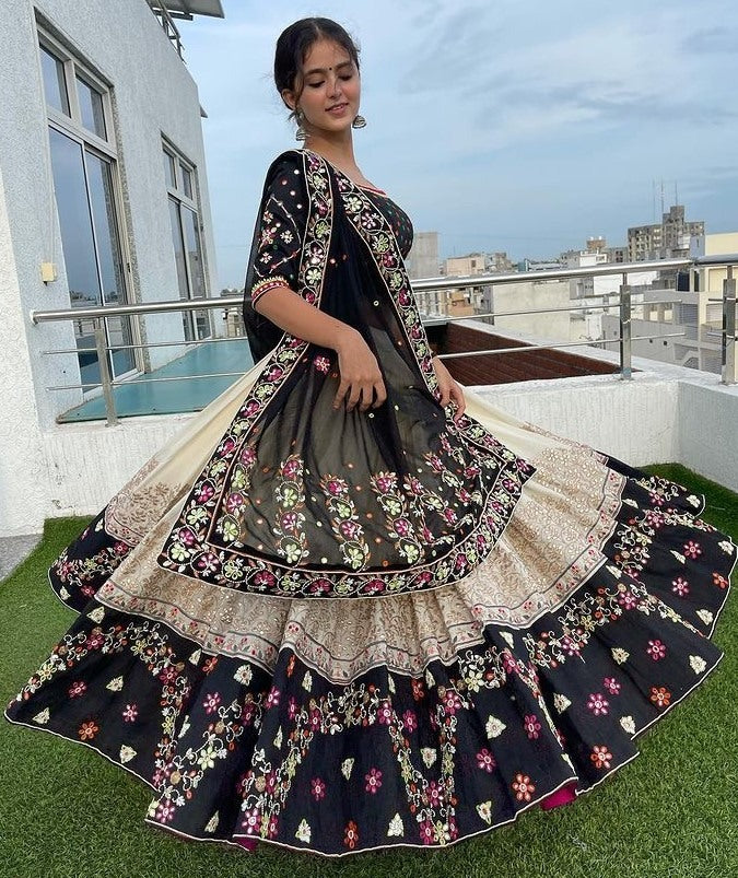 Off white butter silk printed and mirror work lehenga choli