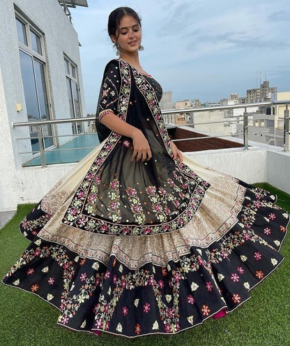 Off white butter silk printed and mirror work lehenga choli