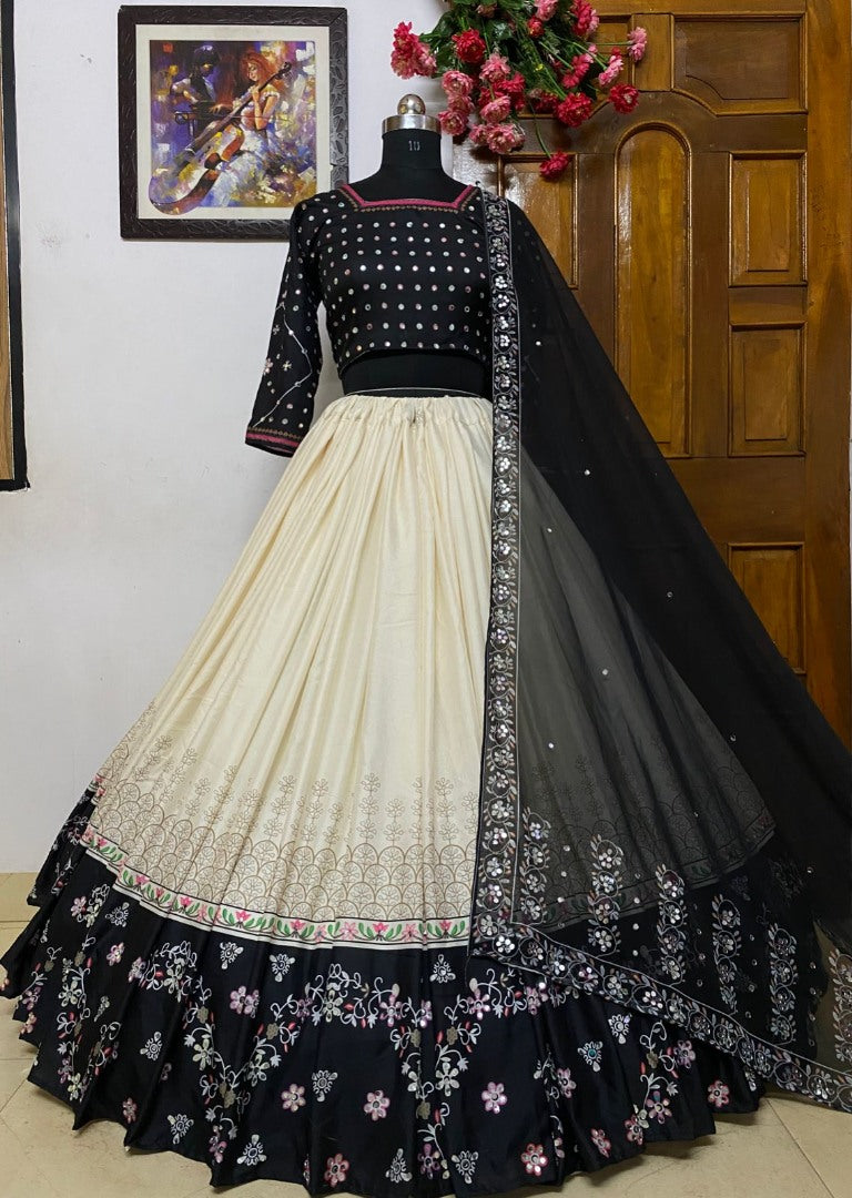 Off white butter silk printed and mirror work lehenga choli