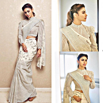 off white chanderi cotton printed stylist saree