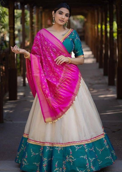 Off white chanderi silk embroidered lehenga choli